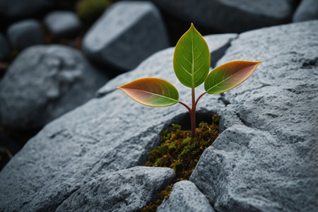Young green seedlings growing in rock crevicesの素材