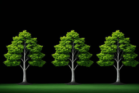 Three green trees against a black backgroundの素材