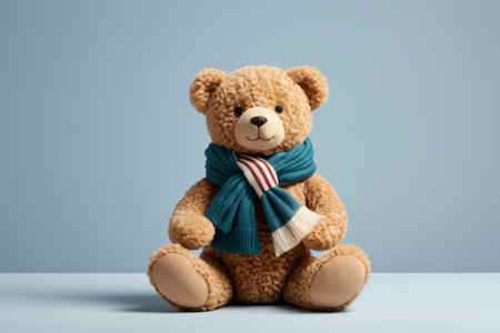 Close-up of a brown bear doll wearing a scarfの素材
