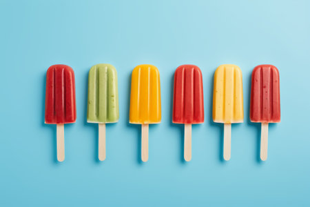 Colorful popsicles arranged on a blue backgroundの素材