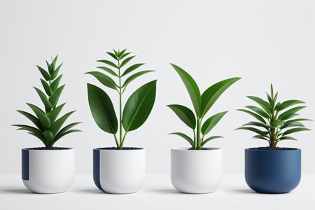 Multiple pots of green plants are placed in simple potsの素材