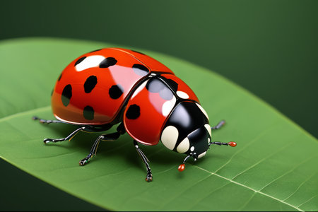 Close-up of a red ladybug on a green leafの素材