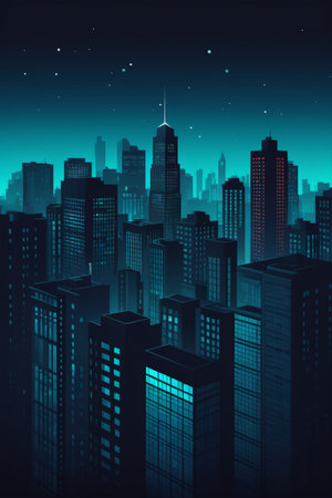 Animated view of city high-rise buildings at nightの素材