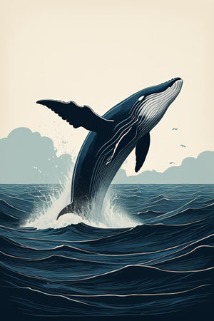 Illustration of a whale leaping out of the seaの素材