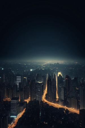 City night view of high-rise buildings and roadsの素材