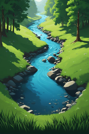 A clear stream winding through the forestの素材