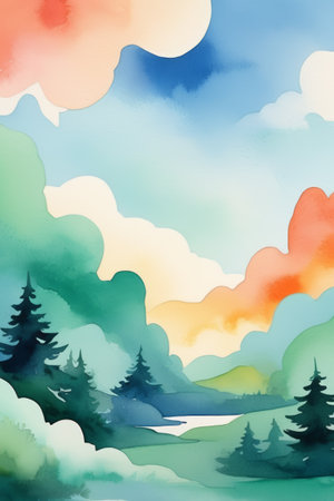 Watercolor style natural scenery mountains, forests and sea of cloudsの素材