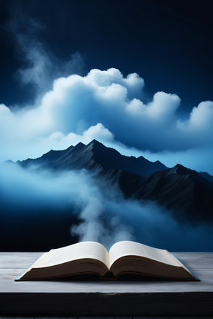 The open book and the cloud scene in the distant mountainsの素材