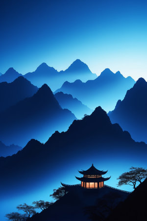 A distant view of ancient mountain pavilionsの素材