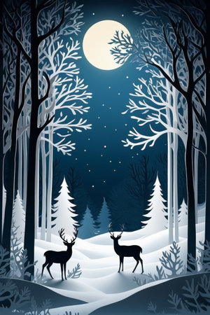 Double deer scene in the forest on a snowy nightの素材