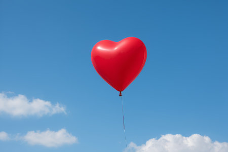 Heart-shaped red balloon in a blue skyの素材