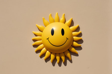 Yellow smiling sun decoration on the wallの素材