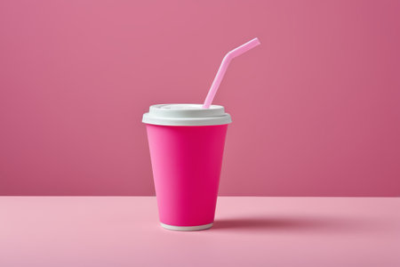 Pink paper cup with straw still lifeの素材