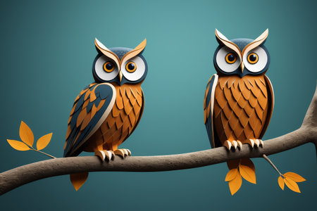 Two owls perched on a branchの素材