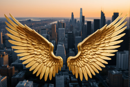 View of golden angel wings over the cityの素材