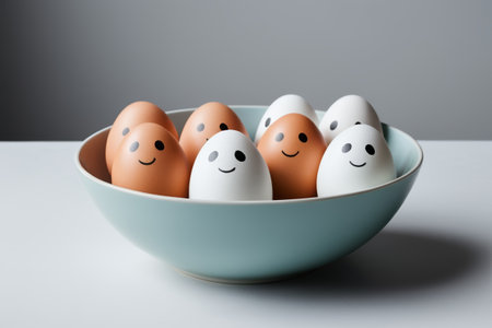 Egg still life with smiley face in bowlの素材