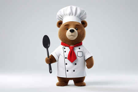 Cartoon bear chef holding soup spoonの素材