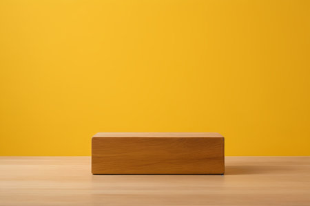 Wooden cuboid box in front of yellow backgroundの素材