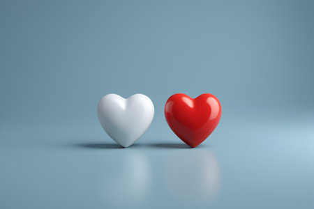 Close-up of red and blue heart-shaped ornamentsの素材