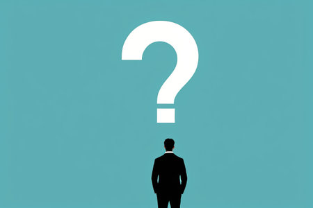 Business people gaze at question mark backgroundの素材