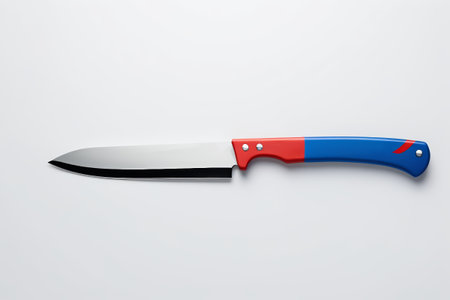 Close-up of sharp knives with red and blue handlesの素材