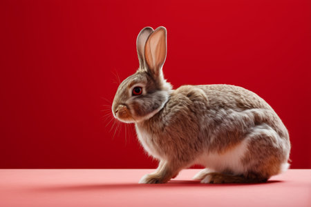 Close-up of a gray rabbit on a red backgroundの素材