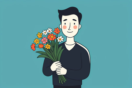 Illustration of a man holding a bouquet of flowersの素材