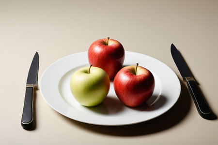 Fresh apples on a white plateの素材