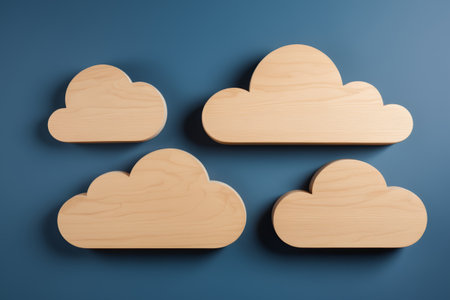 Wooden cloud ornament on blue backgroundの素材