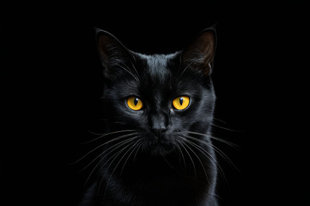 Close-up of a black cat gazing at a yellow-eyed sceneの素材
