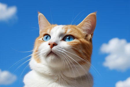 Orange and white cat looking up at the skyの素材