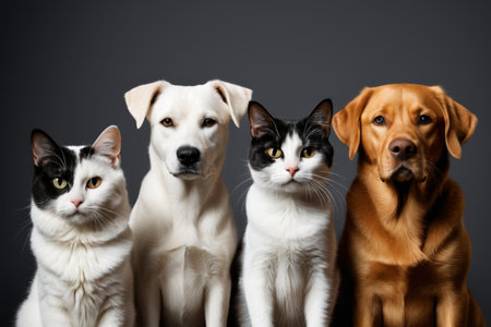 Cat and dog standing side by side for a photoの素材
