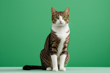 Patterned cat sitting in front of green backgroundの素材