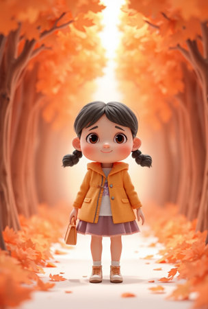 Cartoon little girl in the autumn woodsの素材