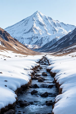 Scenic view of a stream flowing under a snow-capped mountainの素材