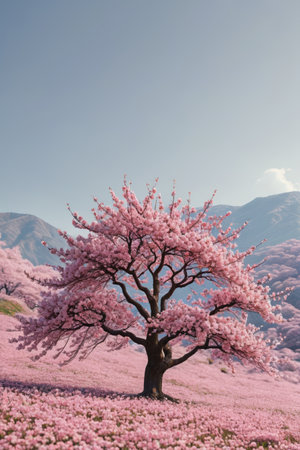 Pink cherry trees blooming on the hillsideの素材