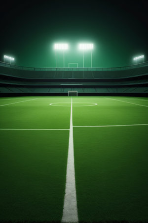 Panoramic view of the empty football field at nightの素材