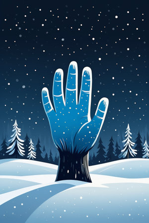 Blue palms stretched out in the snowの素材