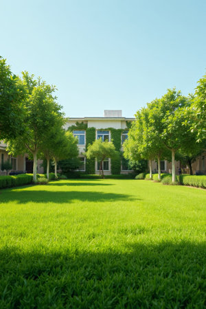 Garden lawn landscape surrounded by greeneryの素材