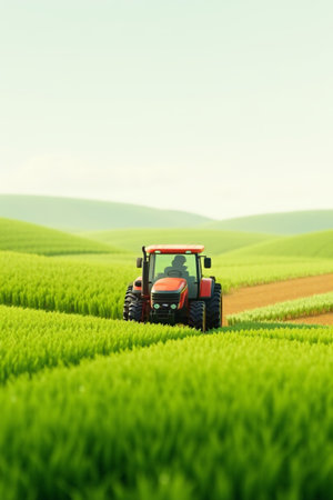 Red tractor driving in farmlandの素材