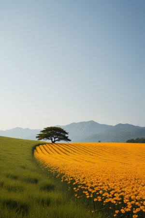 A field of unique trees and blooming yellow flowersの素材