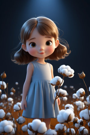 Cartoon little girl standing in cotton bushesの素材