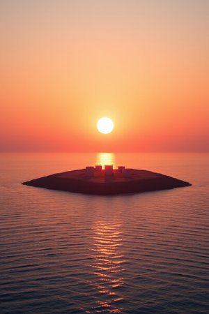 Sunset scene on a small island at seaの素材