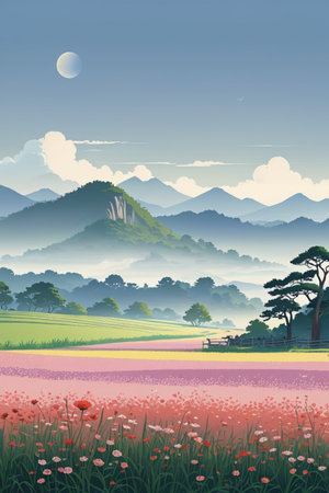 Outdoor pastoral flower sea and distant mountain sceneryの素材