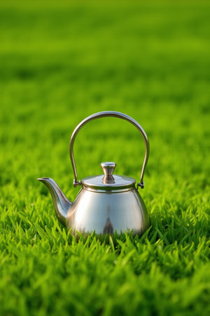 Still life of a metal teapot on a lawnの素材
