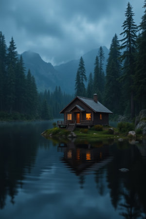 Night view of a cabin in the lakeside forestの素材