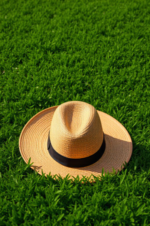 Still life with straw hat on the grassの素材