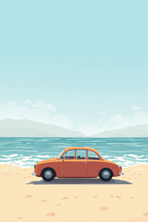 Orange car illustration by the beachの素材