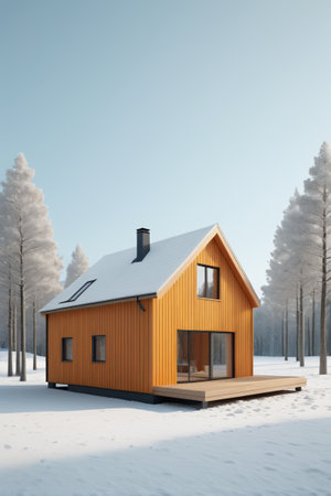 Wooden hut in the snowの素材