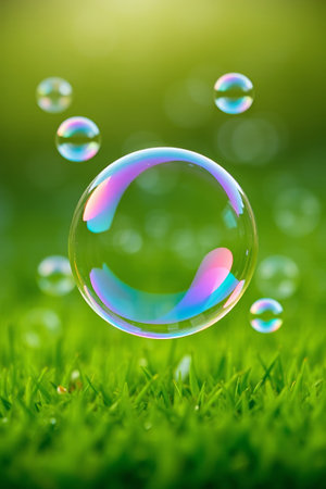 Colorful soap bubbles floating on the grassの素材